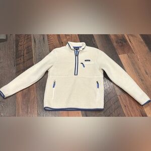 Patagonia  Retro Pile Marsupial Cream Fleece Pullover with Blue Trim Size Small